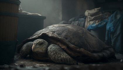 A turtle sleeps among the piles of plastic waste and the rain. concept of saving the world. Generative AI.