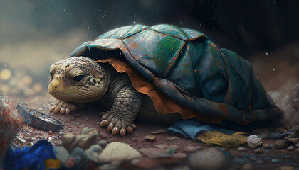 A turtle sleeps among the piles of plastic waste and the rain. concept of saving the world. Generative AI.