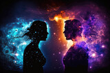 Fototapeta Kosmos - Astral body man and woman silhouettes face to face neural network AI generated art
