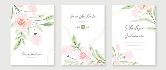 Wall Mural - Luxury wedding invitation card background vector. Minimal hand painted watercolor botanical flowers texture template background. Design illustration for wedding and vip cover template, banner, poster.