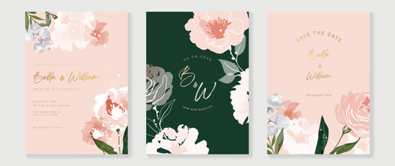 Wall Mural - Luxury wedding invitation card background vector. Minimal hand painted watercolor botanical flowers texture template background. Design illustration for wedding and vip cover template, banner, poster.