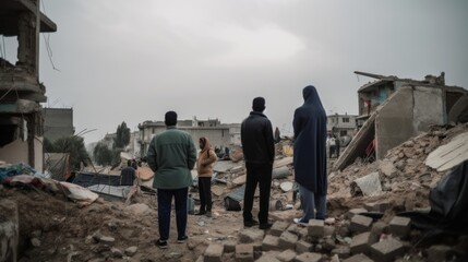 Wall Mural - Refugees, view from the back, looking at damaged homes. Homeless people in front of destroyed home buildings because of earthquake or war missile strike. Refugees, war and economy crisis.