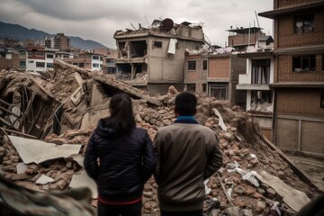 Wall Mural - Refugees, view from the back, looking at damaged homes. Homeless people in front of destroyed home buildings because of earthquake or war missile strike. Refugees, war and economy crisis.