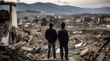 Wall Mural - Refugees, view from the back, looking at damaged homes. Homeless people in front of destroyed home buildings because of earthquake or war missile strike. Refugees, war and economy crisis.