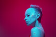 © master1305 - Young girl in image of futuristic cyborg robot with bare shoulders against pink studio background in neon light. Digitalization. Cyberpunk style. Concept of futurism, surrealism, digital world, robot