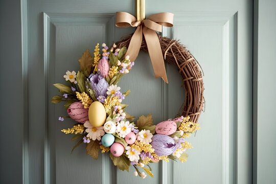 easter wreath with pastel - colored ribbons and flowers, hanging on a front door with a soft beige b