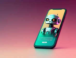 Futuristic robot in screen of smartphone. Concept of chatbot with artificial intelligence.