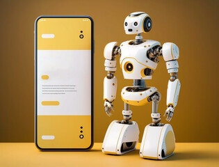 Futuristic robot beside screen of smartphone. Concept of chatbot with artificial intelligence.