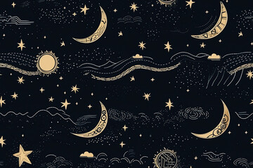 Wall Mural - Seamless pattern with a pattern of the night sky with the moon and crescent moon and stars. Generative AI. Can be used for textiles, yoga mats, phone cases