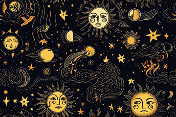 Wall Mural - Seamless pattern with a pattern of the cosmic sky at night with the moon and crescent moon and stars. Generative AI.
