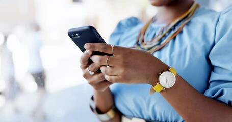 Poster - Business phone, hands and typing in office, texting or social media in workplace. Technology, cellphone and black woman with mobile smartphone for web messaging, networking and internet browsing.