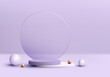 3D realistic luxury empty purple and white podium stand on purple background with circle transparent glass backdrop and golden sphere ball