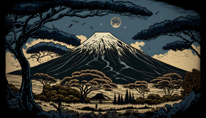 Kilimanjaro, Japan as a Ukiyo-e woodblock print. AI generated.