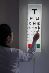 The ophthalmologist checks the patient's vision in the office. 