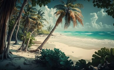 Natural landscape for summer vacation, Sandy tropical beach with ocean water against blue sky with white clouds and tropical island
