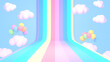 3d rendered rainbow road, colorful balloons, and clouds in the blue sky.