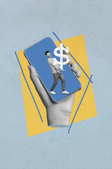 Sticker - Vertical collage portrait of black white effect arm hold smart phone display mini guy hold dollar money symbol isolated on creative background