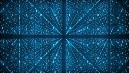 Computer graphics infinite number of zeros and ones moving on a black background. Digitalization of human life. The arrangement of figures is a kaleidoscope.