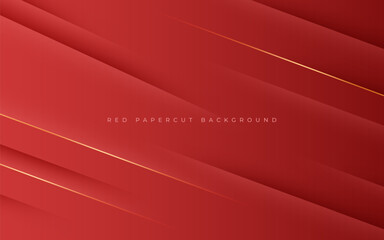 Wall Mural - abstract red papercut diagonal stripe with gold line shadow and light background. eps10 vector