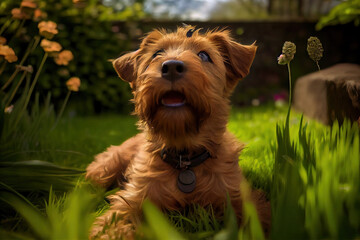 Irish terrier puppy playing outdoors, Generative AI