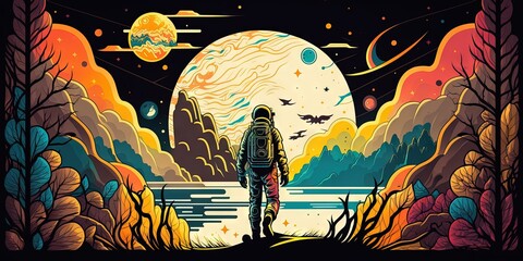 A colorful, hand-drawn graphic novel space astronaut abstract background wallpaper with futuristic cyberpunk vectors, Generative AI