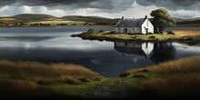 Farmhouse By An Irish Lake In The Landscape, Generative AI