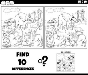 Wall Mural - differences game with African animals coloring page