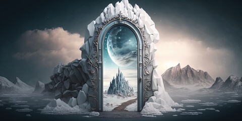 Wall Mural - A winter landscape fairy tale background with a magical portal, Generative AI