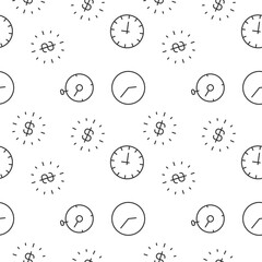 Seamless vector monochrome pattern of timer and clock with dollar inside for covers, shops, wrappers, sites, apps