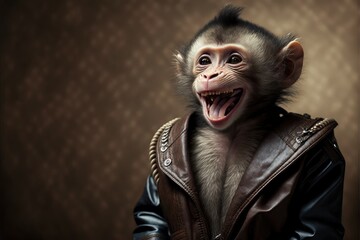 delightedly laughing capuchin monkey in leather jacket, created with generative ai