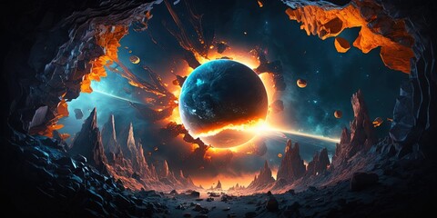 Wall Mural - digital art depicting a fantasy cosmos with planets, stars, asteroids, moons, rocks, black holes, an
