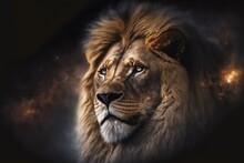 King Lion Simba Portrait Against Dark Sky, Created With Generative Ai