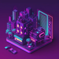 A digital illustration of a city with neon lights and a phone. Generative AI