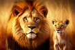 portrait of lion and lion cub against background of african savannah, created with generative ai