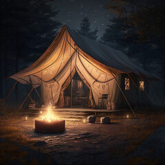 Glamping at night. Generative AI.