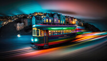 A Trolley Car Climbing The Steep Hills Of San Francisco, With The Colorful Houses And Stunning Bay Views, Long Exposure - Generative AI