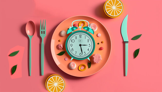 Composition with cutlery, plate and alarm clock on color background. Diet concept