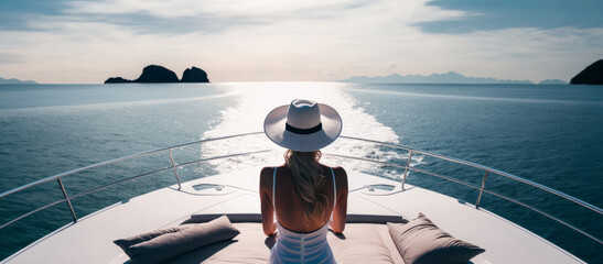 view from behind woman relaxing on a luxury boat. Generative ai