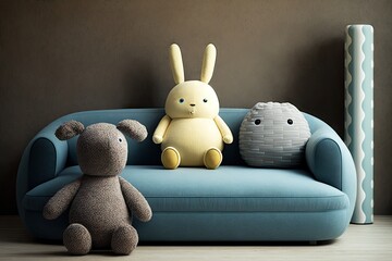 nursery kids furniture soft sofa and modern child room with toys, created with generative ai