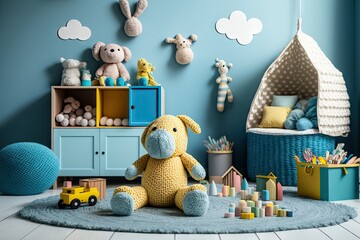 little modern child room with toys and dolls sitting on floor, created with generative ai