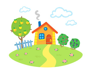 Poster - Summer glade with a cute house. In cartoon style. Isolated on white background. Vector flat illustration