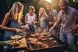 Candid family and friends outdoors, summer barbecue in backyard, enjoying food, laughter, and togetherness, generative ai
