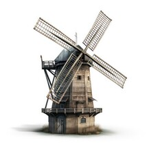 Traditional Windmill Isolated On White Background, Iconic Structure Representing Renewable Energy And Agricultural History, Generative Ai