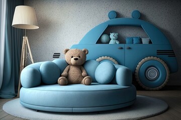 creative modern child room with round blue sofa, large toy car and teddy bear, created with generative ai