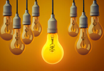 Wall Mural - Hanging light bulbs glowing on empty yellow wall background for wallpaper, graphic resource or header.