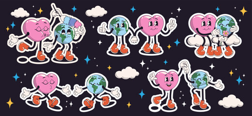 Collection of ecology cute stickers with the planet and heart. Stickers in trendy retro cartoon style. Save the planet concept. World Environment Day.	