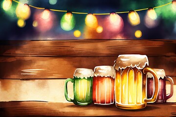 Watercolor Illustration of a Brewery Banner With Copy Space For Text Or Advertisement. Beer Mugs Over Rustic Wooden Table, Bokeh Lights Of Bar As Background. Illustration. Generative AI