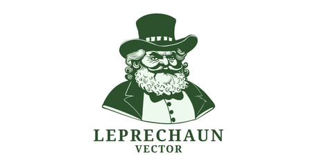 Wall Mural - Vector green portrait of a fat leprechaun with a beard and top hat. Logo, sticker and icon. White isolated background.