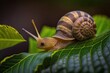© Anastasia - Close-up shot of a snail crawling on a green leaf. Generated by AI.