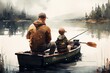 Watercolor Illustration of a Father And Son Fishing Together On Lake Painting. Generative AI